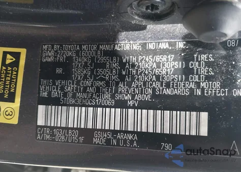 2012 Toyota Highlander Se V6 z USA, uszkodzony, nr VIN 5TDBK3EH0CS170069